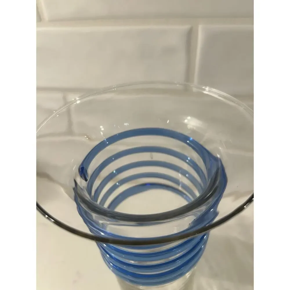 Vintage vase Applied Blue Swirl on Clear Glass Vase 8.75”‎ Art Glass
